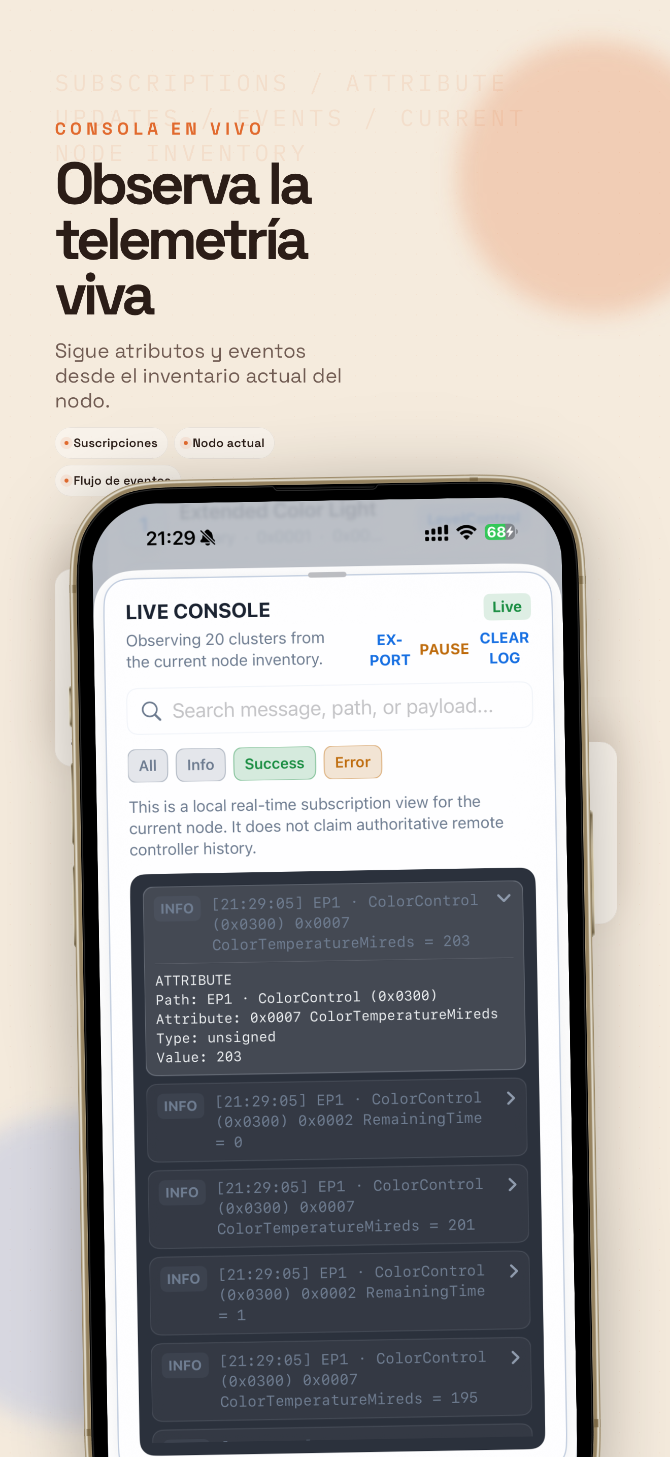 Pantalla de consola en vivo de Matterlyzer
